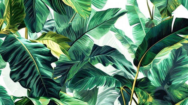 Top view of big green palm leaves and monstera plant on white background space for product placement or text Resort and vacation concept