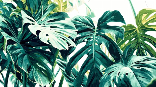 제품 배치 또는 텍스트 리조트 및 휴양 개념을위한 색 배경 공간에 큰 녹색  잎과 몬스테라 식물의 상단 뷰
