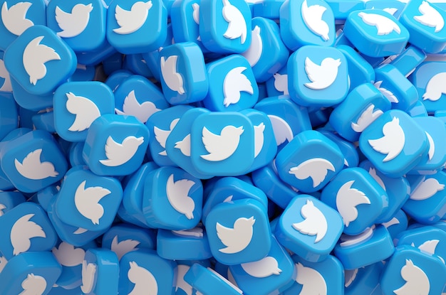 Top view of a big heap of Twitter logo buttons for a background in 3D rendering