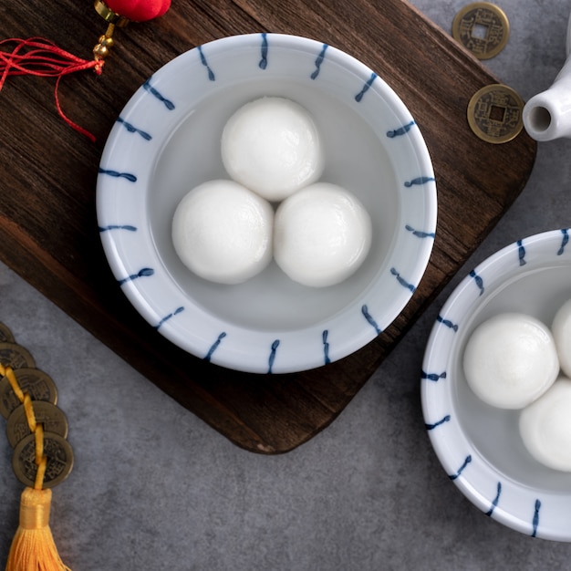 Top view of big tangyuan rice dumpling balls in a bowl
