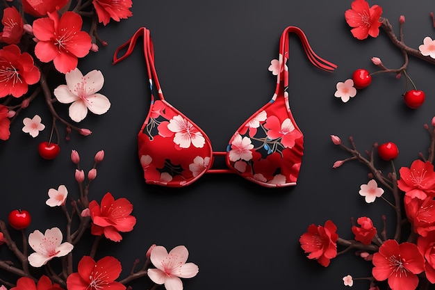 top view bikini with cherry blossom print in red black background