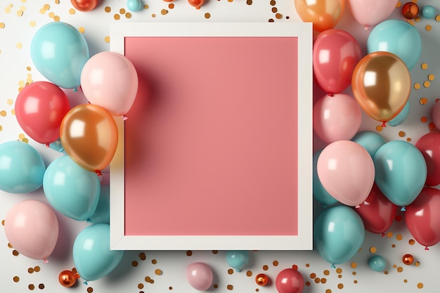 Top view birthday mockup frame pastel balloons confetti flat lay