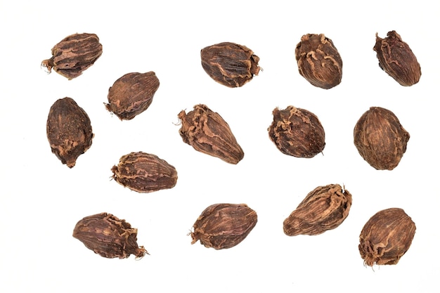 Top view of black cardamom isolated on white background