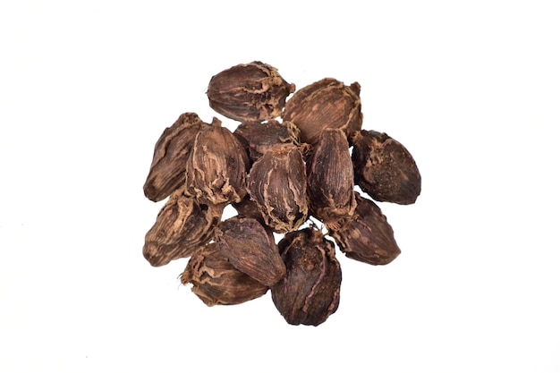 Top view of black cardamom isolated on white background