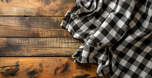 Top view of black checkered tablecloth on blank empty wooden table background banner food concept