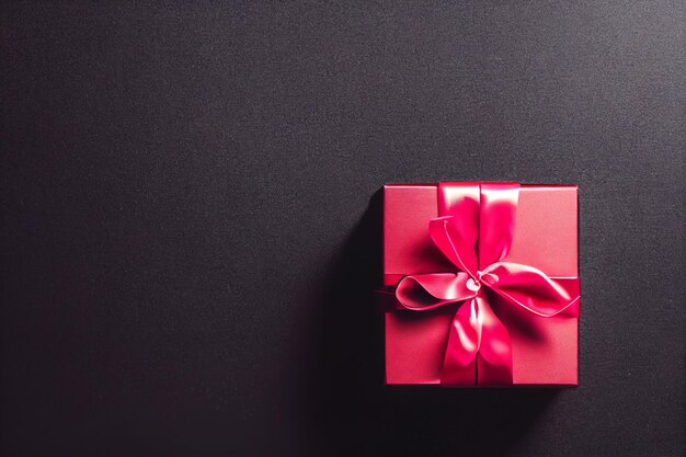 Top view of black Christmas boxes with red ribbon on a black background with copy space for text