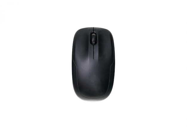 Top view of black computer mouse isolated on a white background.