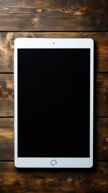 Foto vista dall'alto ebook nero schermo bianco mano maschile su sfondo in legno scuro sfondo mobile verticale