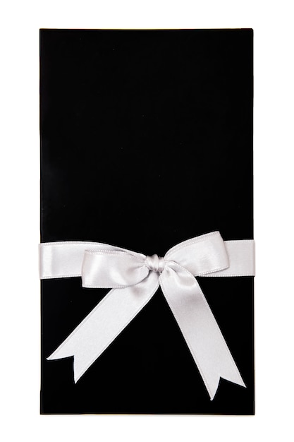 Top view at black gift box with white ribbon 