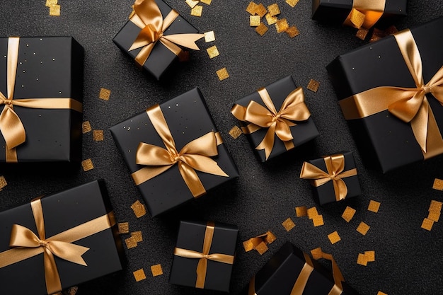 Вид сверху на черные подарочные коробки с ленточным бантом и золотым конфетти на изолированном черном фоне