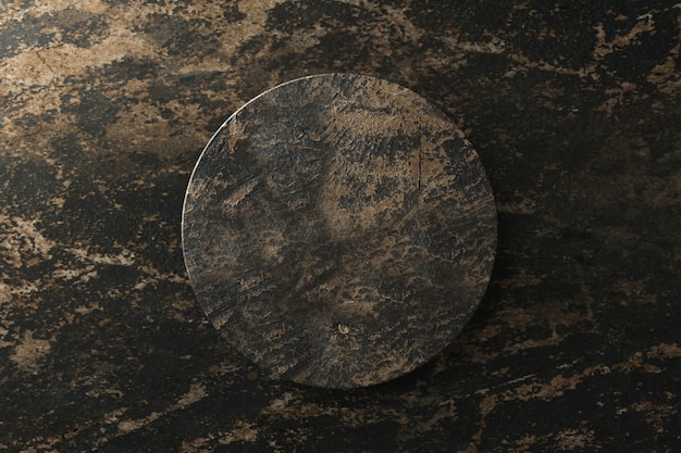 Top view of black marble product display on abstract background. Empty pedestal podium for showing. 3D rendering.