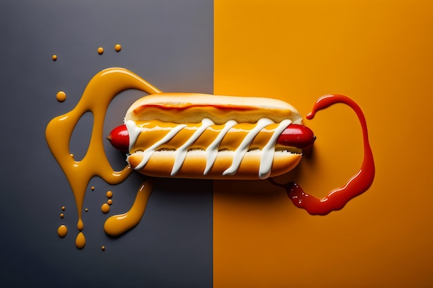 Photo top view of a black and orange background with hot dog copyspace ai generative illustration