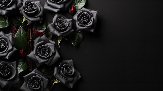 Верхний вид черных роз на черном фоне Генеративный ИИ