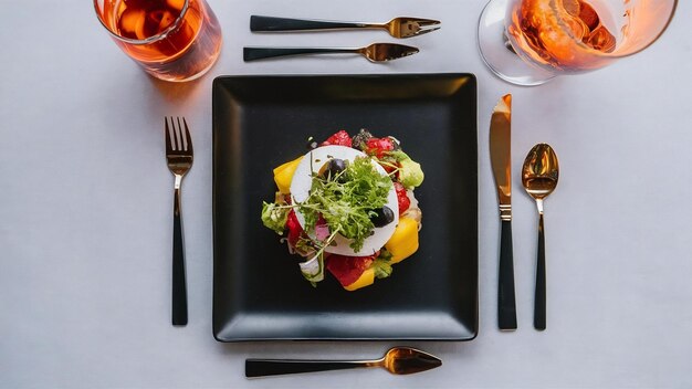 Top view black square plate on light background service cutlery dinner food tray color table restau