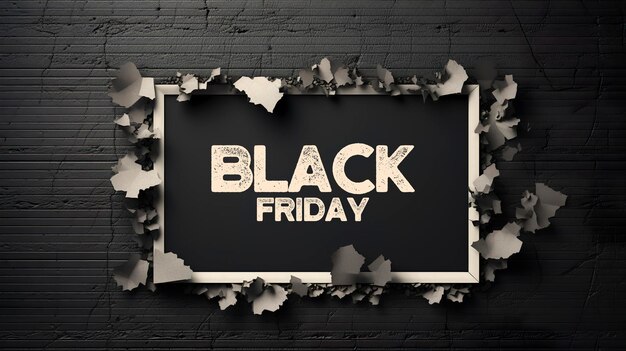 Foto vista superiore di carta nera strappata e il testo black friday sulla parete posteriore