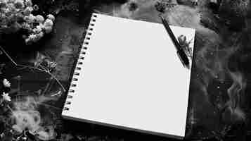 Photo top view of black and white blank notebook with pen on the table