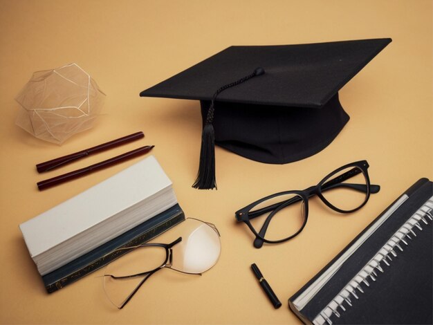 Photo top view of blackboard with academic cap and glasses