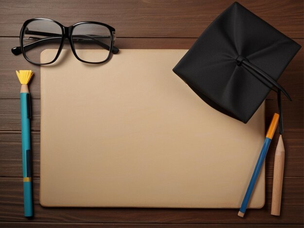 Top view of blackboard with academic cap and glasses