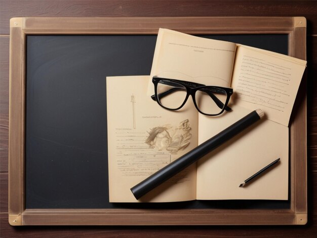 Top view of blackboard with academic cap and glasses