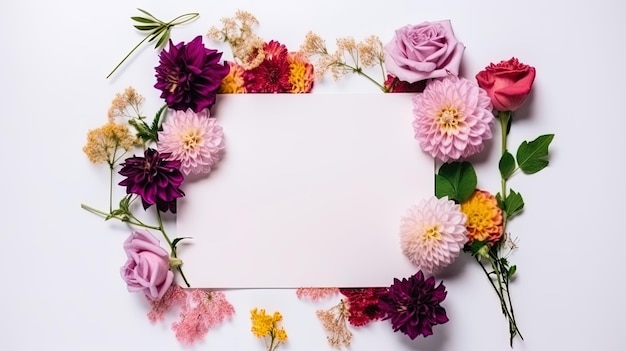 Top view blank card with flowers Abstract organic flowers Blooming floral on white background