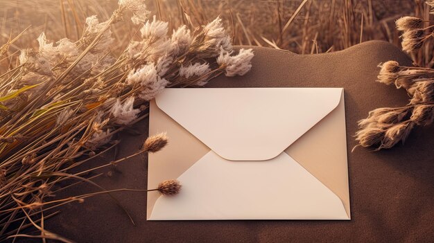 Top view of blank cards envelopes and dried flowers on textured beige background with copy space Flatlay style Greeting card template Mockup image