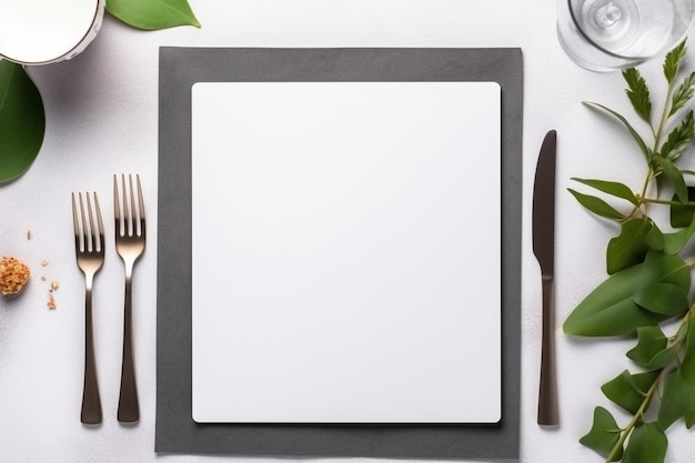 Photo top view of blank menu paper on plate