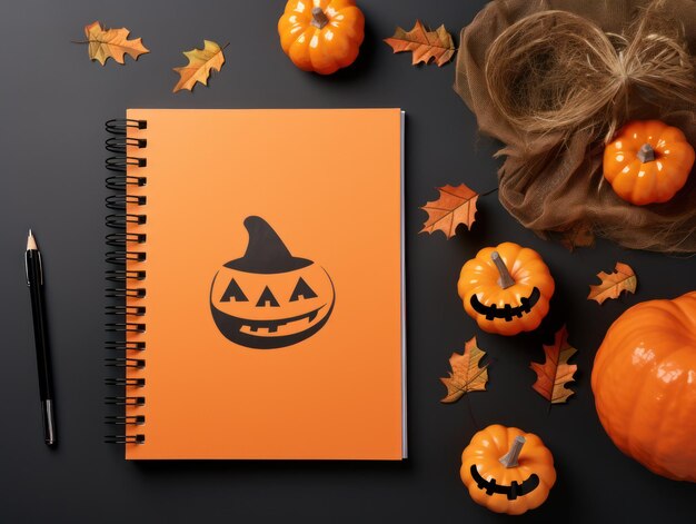 Top view Blank notebook on wooden table with traditional Halloween deco pumpkin autumn leaves and w