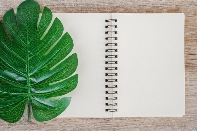 Top view of blank open notebook on wooden desk background with green tropical monstera leaves.