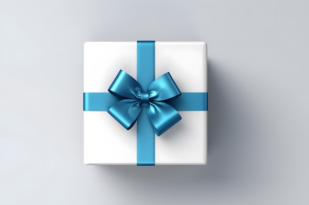 Верхний вид пустой открытой белой подарочной коробки с голубой лентой