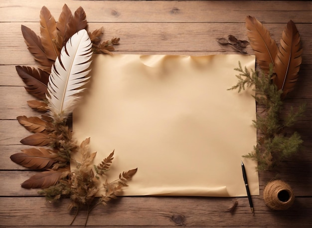 Photo top view of blank parchment paper and pen on the wooden table decorated with dried plants