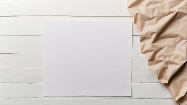 Photo top view blank sheet of paper on white desk backdrop with copy space