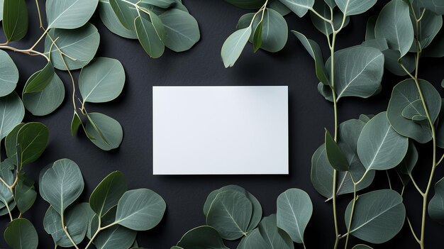 Top view of a Blank white business card and eucalyptus branch on a dark surface with a copy space Generative AI