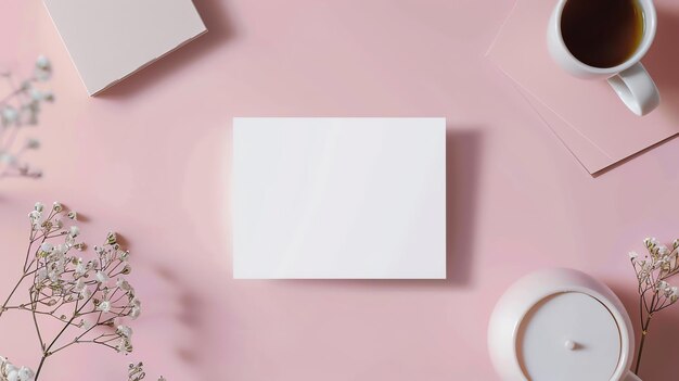 Top view of a blank white card mockup with a pink background