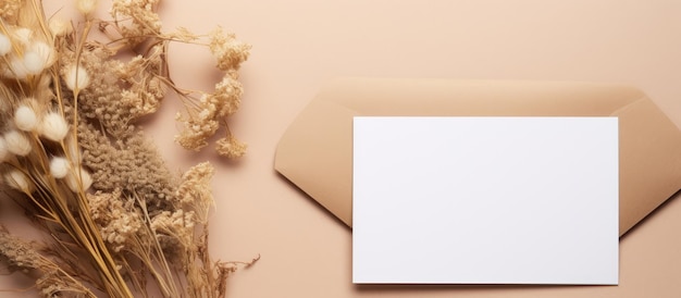 Top view of a blank white card for text and envelope placed beside a bouquet of dried Lagurus