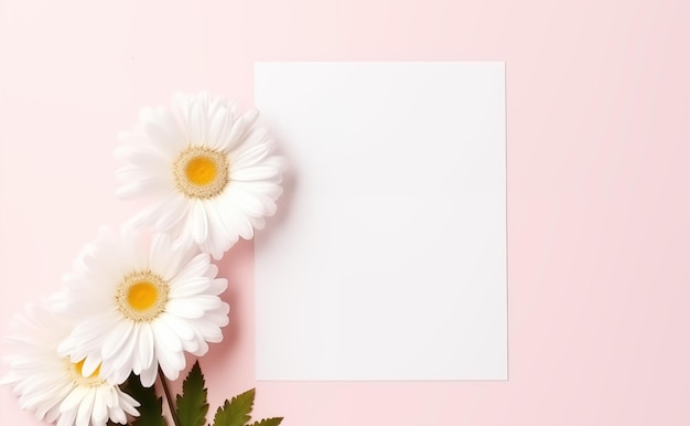 Top view of blank white vertical card mockup on pink background with copy space