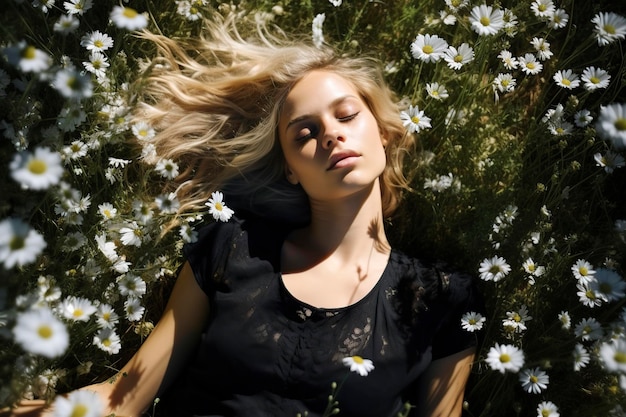 верхний вид блондинки в черном платье, лежащей на поле