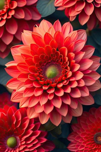 Top view of blooming red Dahlia flower head the tuberous garden flowering plant