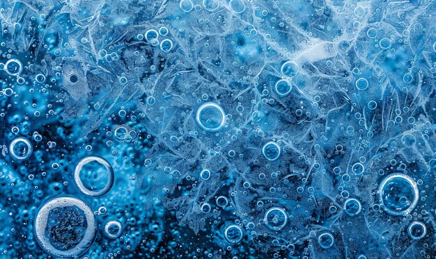 Foto vista dall'alto delle bolle blu sotto la superficie dell'acqua ghiacciata
