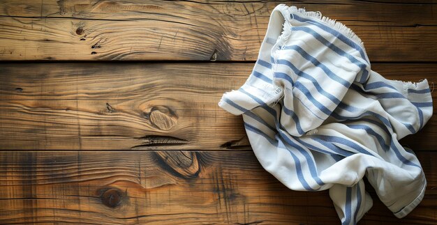 Top view of blue checkered tablecloth on blank empty wooden table background banner food concept