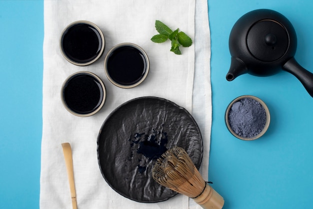 top view blue matcha still life