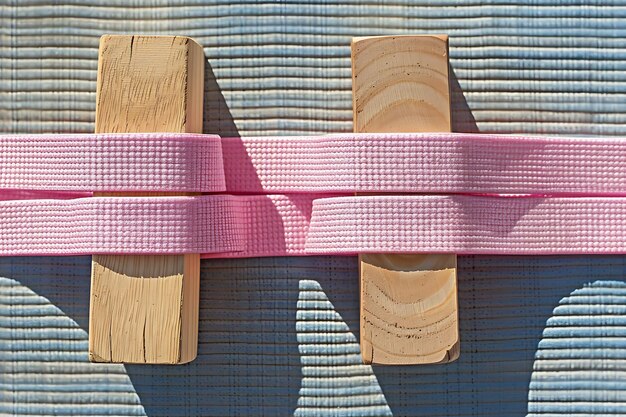 Photo top view of blue pink yoga mat and two wooden blocks and belt on grey