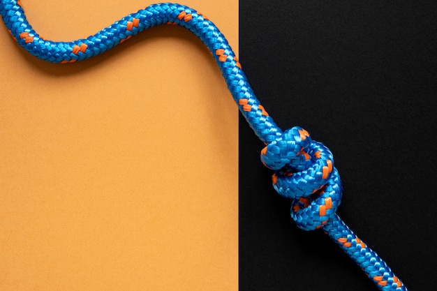 Top view blue rope with knot copy space