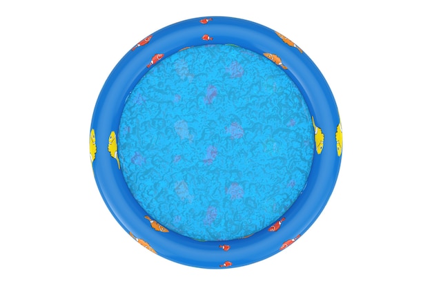 白い背景の上の青いゴム製インフレータブル子供用プールの上面図。 3Dレンダリング