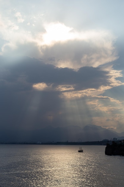 Top view of blue sea surface with sunlight sunset time