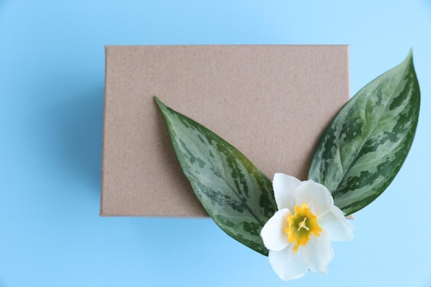 Top view of blue working table background with gift Flat lay