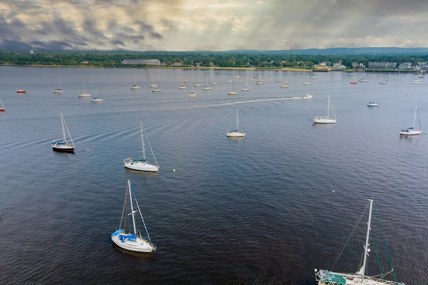 Top view of boats and yachts in the marina from above sailboat