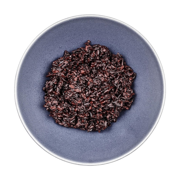 Top view boiled black rice in gray bowl isolated