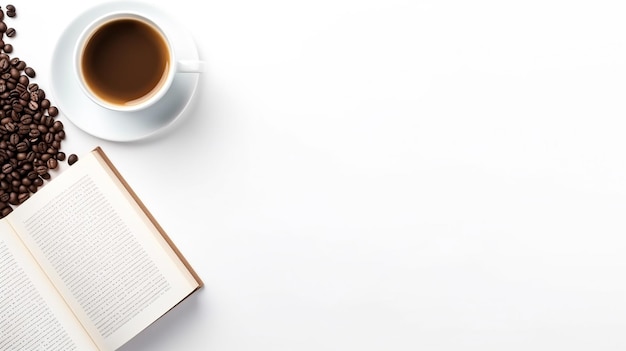 배너 광고를 위한 최소 스타일의 컵 커피가 포함된 상위 뷰 책 배열 Generative AI