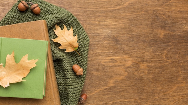 Top view of books with autumn leaves and copy space
