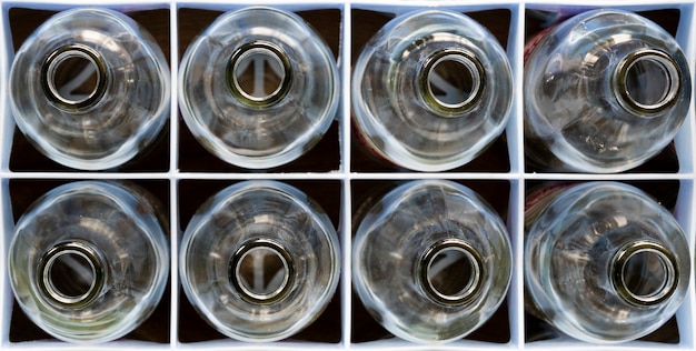 Top view bottle of water in a crate